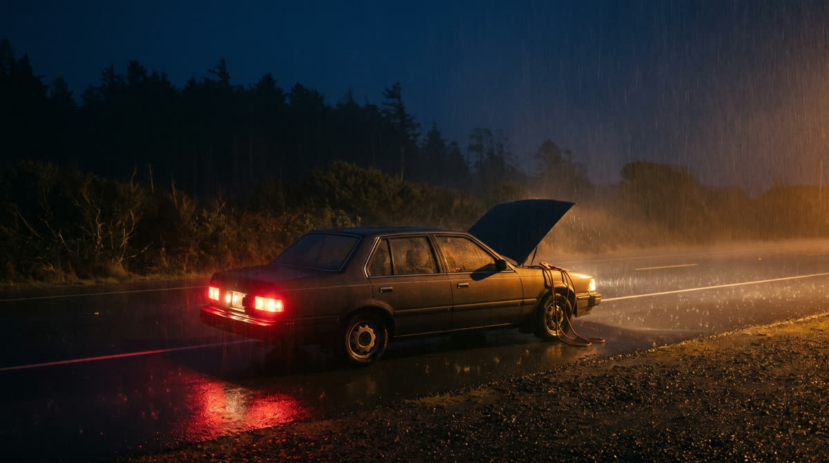 A car on the shoulder at night with its hood up and jumper cables ready